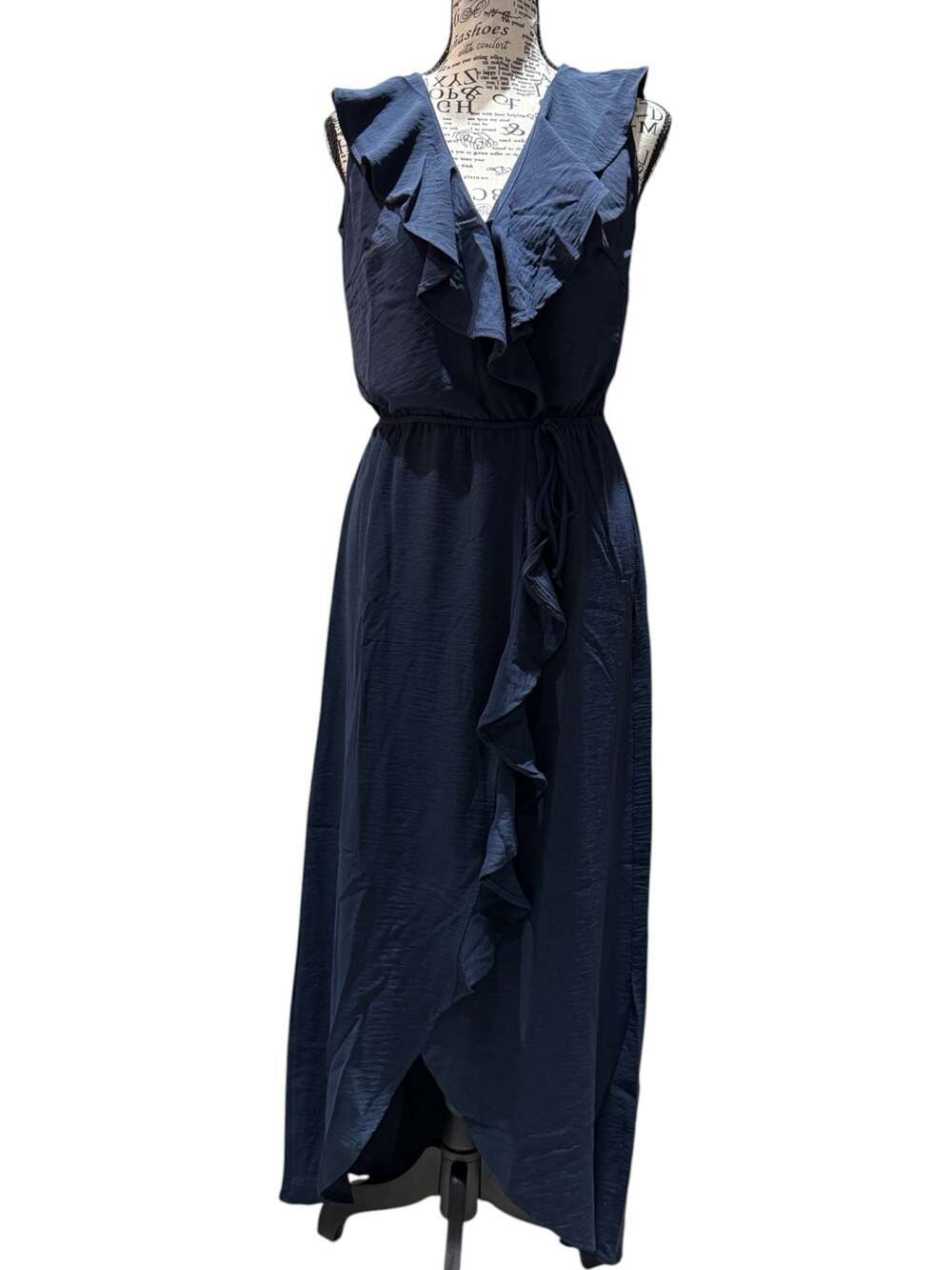 NWT Fraiche by J Ruffle Faux Wrap Maxi Dress – Size Small – Navy Blue